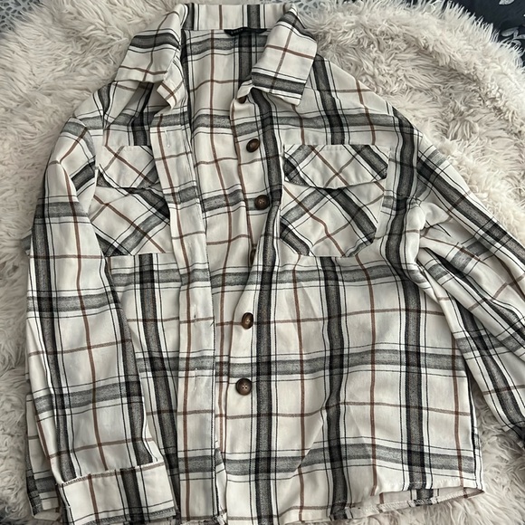 SHEIN Tops - White black and tan Flannel shirt